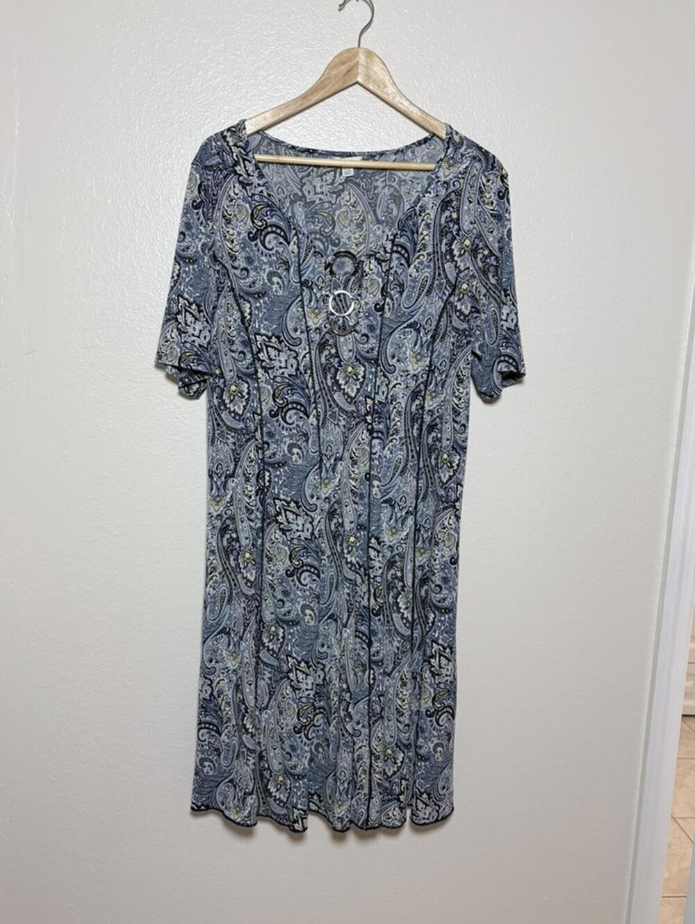 Est. 1946 Plus Paisley Dress Sz 18/20W Blue O-Ring Short Sleeve Midi